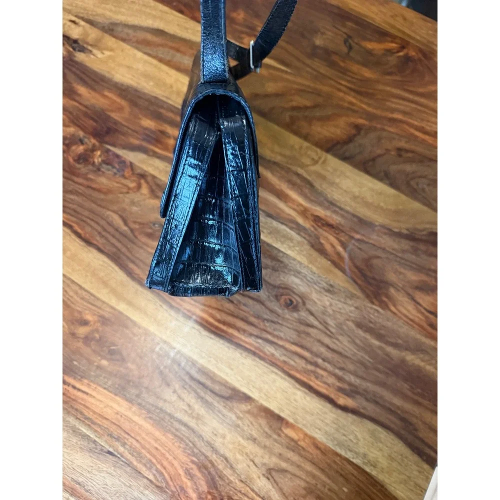 Etienne Aigner Black Croc Embossed Leather Baguette Shoulder Bag Silver Hardware